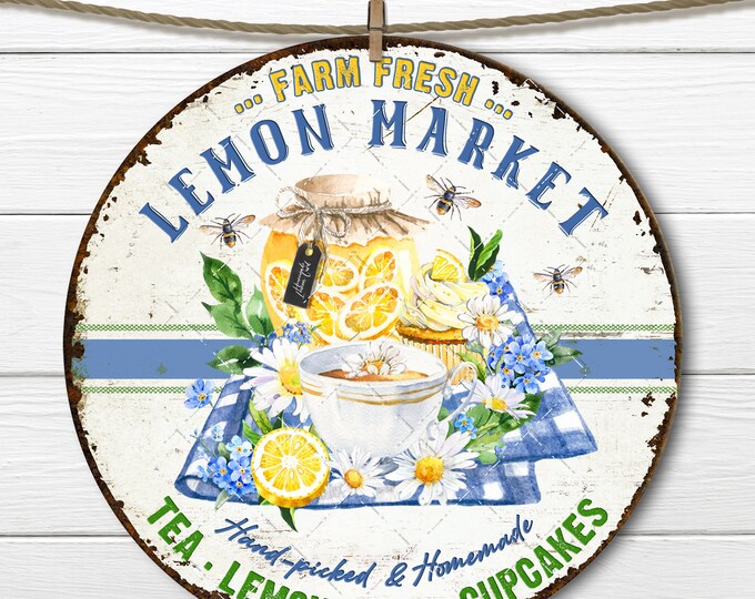 Citus Market lemon Curd Tea Circle Sublimation Spring Summer DIY Sign Making Fabric Transfer Door Hanger Wreath Accent Digital Download PNG