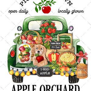 Pu&ograve; includere: Un camioncino vintage verde pieno di mele, un cucciolo di golden retriever e una torta di mele. Il camioncino ha un cartello che dice "Raccogli le tue mele" e "Aperto tutti i giorni". C'&egrave; anche un cartello che dice "Fresche dalla fattoria 25&cent; l'una".