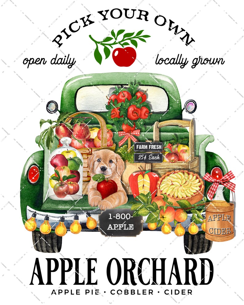 Pu&ograve; includere: Un camioncino vintage verde pieno di mele, un cucciolo di golden retriever e una torta di mele. Il camioncino ha un cartello che dice "Raccogli le tue mele" e "Aperto tutti i giorni". C'&egrave; anche un cartello che dice "Fresche dalla fattoria 25&cent; l'una".
