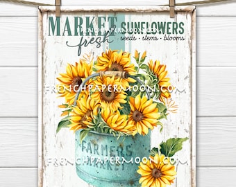 Farmhouse Sunflowers, Sunflower Market, Farm Fresh, Fall Flowers, DIY Sunflower Sign, Image Transfer, Digital Image, Wreath Accent, PNG