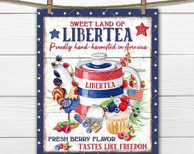 Patriotic DIY Sign, 4th of July Tea Party, Patriotic Teapot, Cupcake, Red White Blue, Made in the USA, Fabric Transfer, Tiered Tray Decor