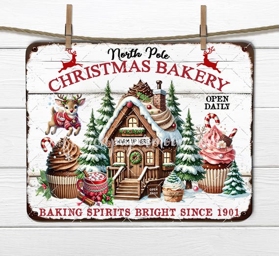 North Pole Christmas Bakery Hot Cocoa Shop Whimsical Christmas Sublimation PNG Fabric Transfer Tiered Tray Decor Digital Download Decoupage
