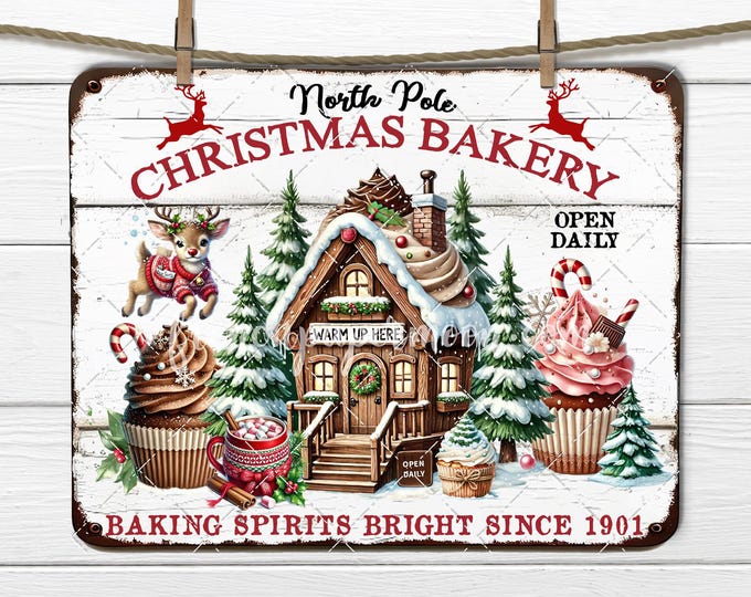 North Pole Christmas Bakery Hot Cocoa Shop Whimsical Christmas Sublimation PNG Fabric Transfer Tiered Tray Decor Digital Download Decoupage