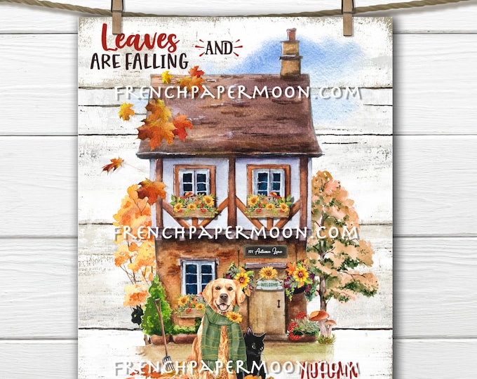 Adorable Autumn Cottage, Golden Retriever, Falling Leaves, Country Cottage, Home Decor Sign, Wreath Accent, Fabric Transfer, PNG