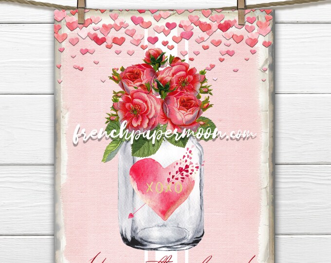 Valentine Mason Jar Digital Print Pink Roses Hearts Valentine Pillow Image Love Graphic Fabric Transfer Image Sublimation DIY Sign Making