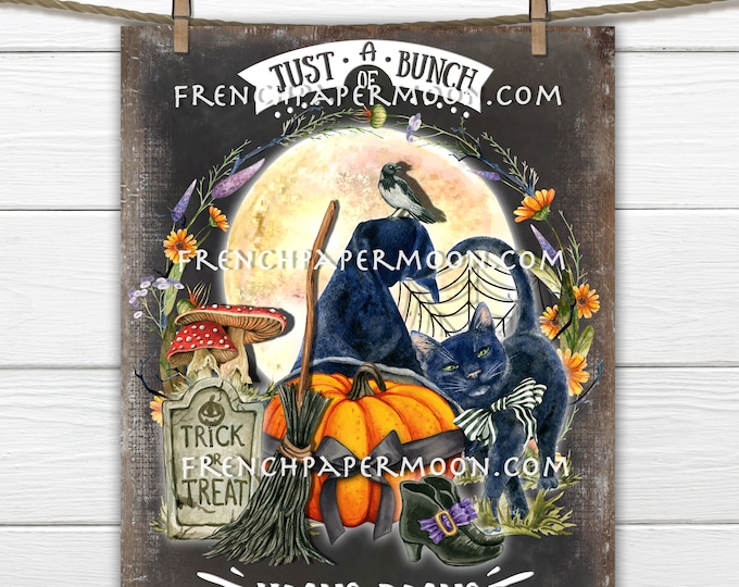 Halloween Black Cat, Hocus Pocus, Moon, Witch Broom, Digital, Cute Fall Decor Sign, Wreath Accent, Fabric Transfer, PNG, Halloween Craft