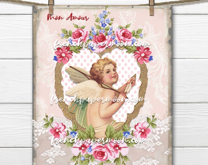 Shabby Chic Valentine Cupid, Victorian Cherub, Hearts, Roses, Love, Valentine Pillow Image, Valentine Printable, Valentine Wreath Decor