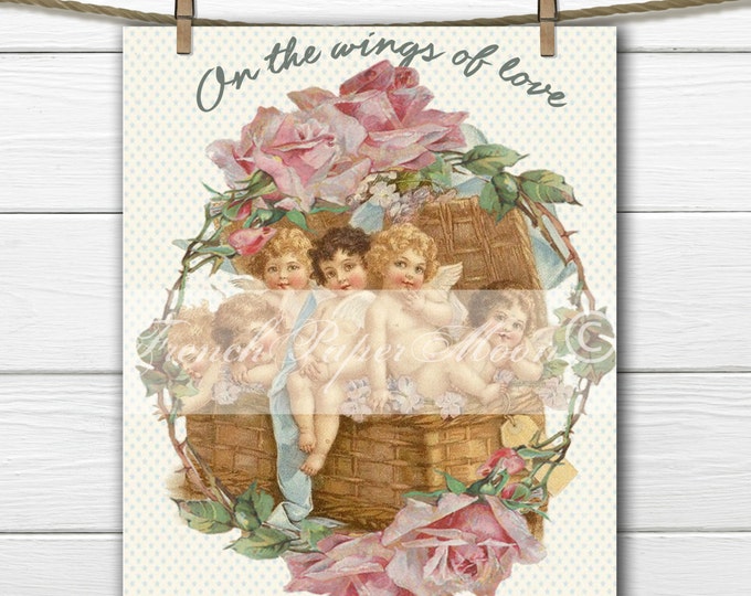 Vintage Digital Shabby Valentine, Basket of Angels, Cherubs, Rose Wreath, Valentine Pillow Transfer Digital Graphic