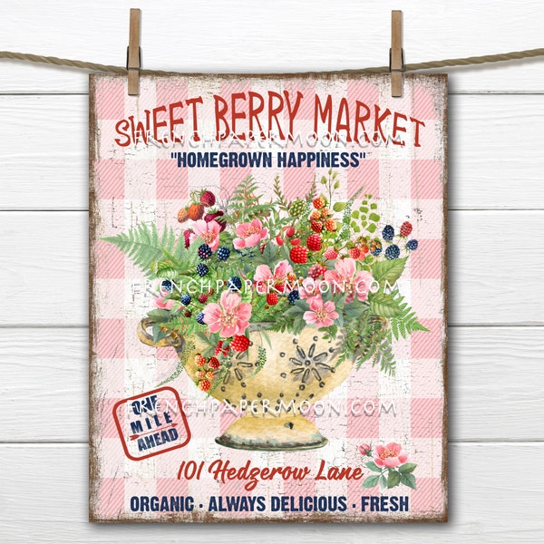 Berry Market, Fresh Berries, Farmhouse Berries, Rustic Colander, DIY berry Sign, Wreath Accent, Tiered Tray Decor, Image Transfer, PNG Plaid