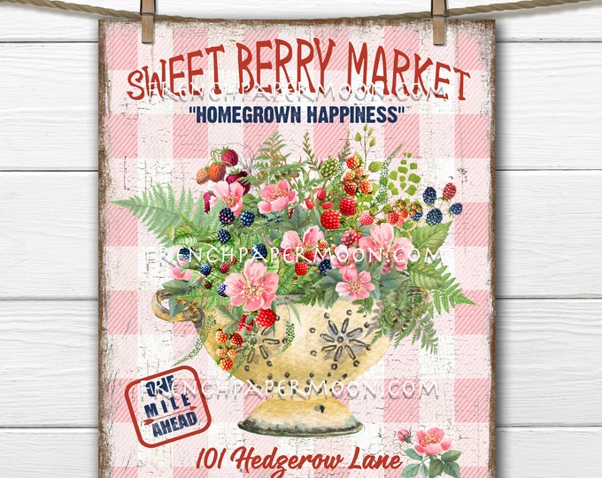 Berry Market, Fresh Berries, Farmhouse Berries, Rustic Colander, DIY berry Sign, Wreath Accent, Tiered Tray Decor, Image Transfer, PNG Plaid