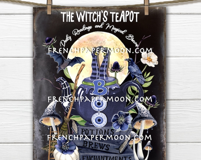 Adorable Halloween Black Magic, Halloween Tea, Witch Teapot, Spell Books, Bats, DIY Halloween Decor Sign, Crafts, Fabric Transfer, PNG