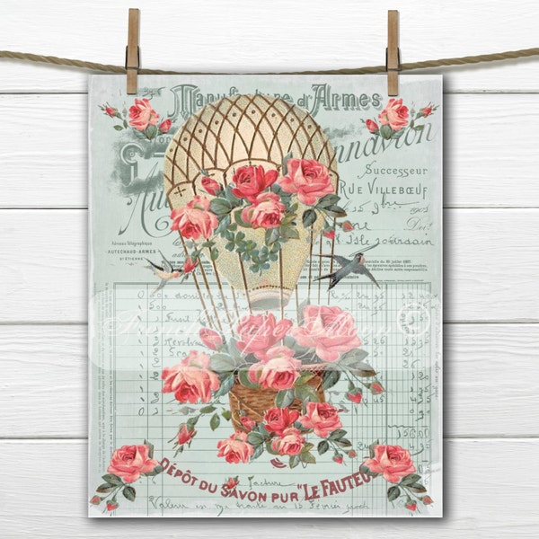 Shabby Chic Vintage Hot Air Balloon, Victorian Air Balloon with Roses, Birds, French typography, French Pillow Graphic Transfer Download