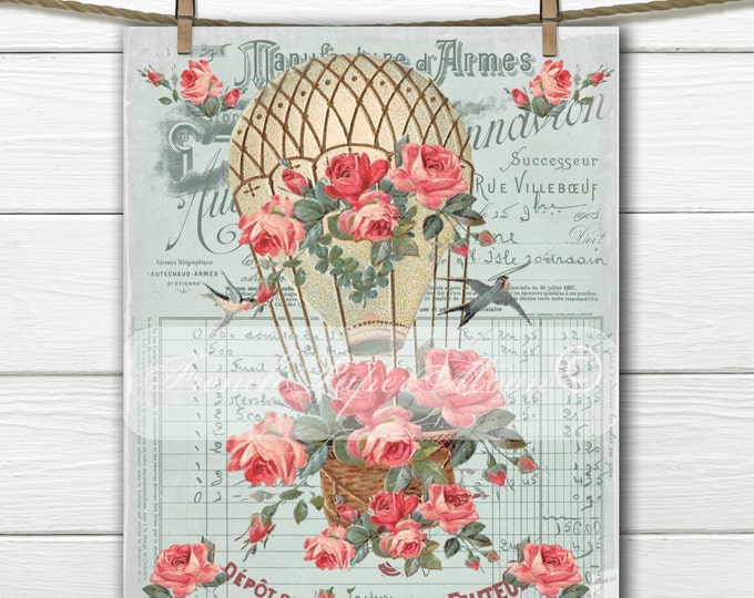 Shabby Chic Vintage Hot Air Balloon, Victorian Air Balloon with Roses, Birds, French typography, French Pillow Graphic Transfer Download