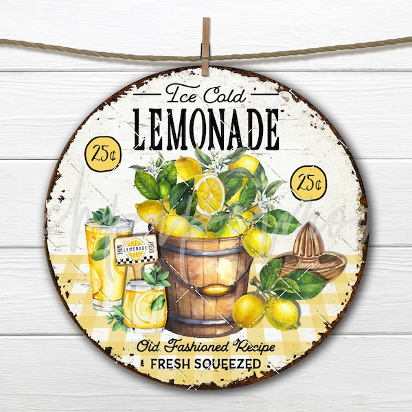 Lemonade Sublimation Circle Farmhouse Lemon Bucket Summer DIY Round Sign Making Wreath Accent Door Hanger Digital PNG 8x8 inch Kitchen Sign