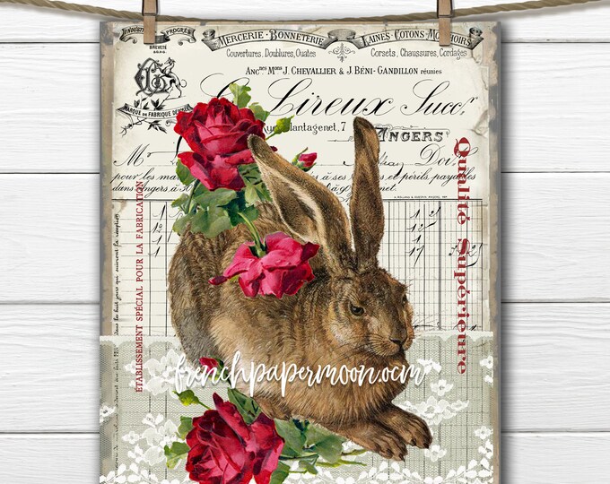 French Antique Bunny, Vintage Roses, French Bunny Pillow Image, Transparent, Decoupage, Digital Bunny, Easter Spring