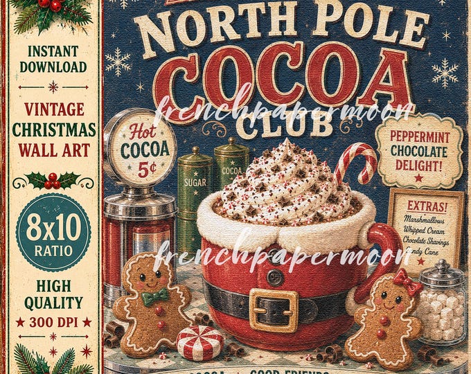 North Pole Cocoa Club Christmas Printable, Retro Hot Cocoa Sign, Wall Art, Digital Download, 8x10 Holiday Sign