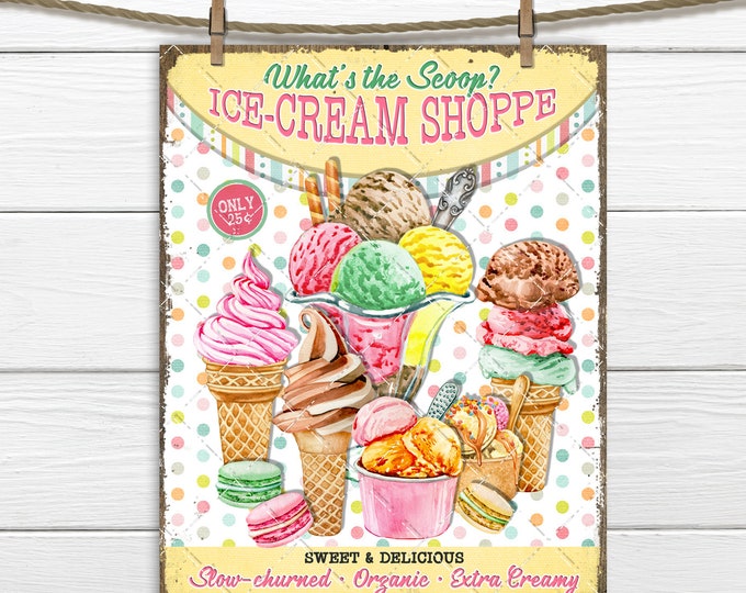 Retro Ice Cream Shop Soft Serve Ice Cream Scoop Waffle Cones DIY Sign Making Fabric Transfer Tiered Tray Decor Digital Print Party Printable