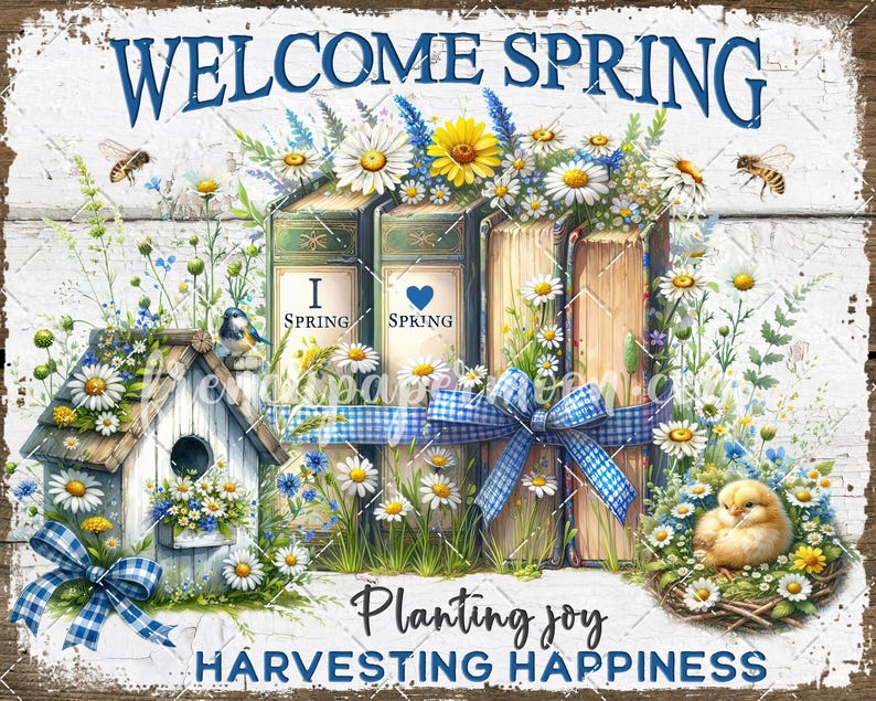 Farmhouse Welcome Spring, I love Spring Books Flowers, Yellow Blue, Birdhouse, Spring Meadow, Digital Printable, Craft Supply, Sublimation image 3