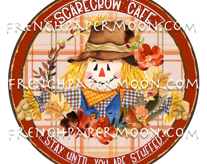 Fall Farmhouse, Scarecrow, Cafe, Circle, Sublimation Graphic, Digital Download, Wood, JPEG, PNG, Door Hanger, Round, Iron-on transfer