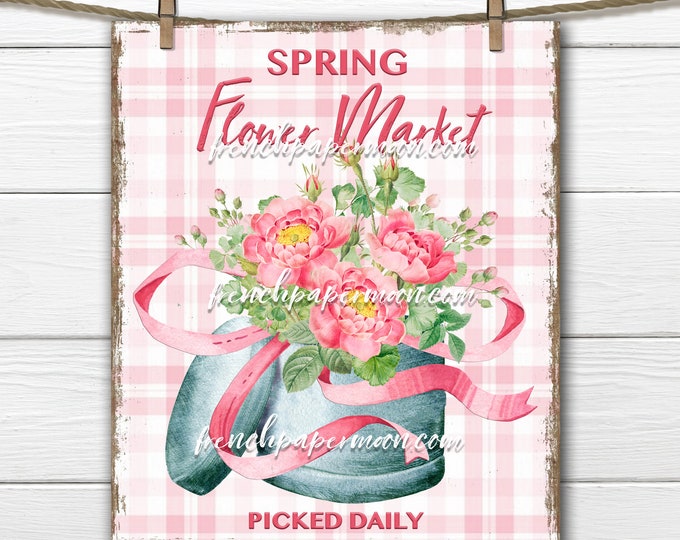 Shabby Flower Market, DIY Spring Digital Sign, Pink Roses, Flower Box, Pillow Image, Wall Decor, Wreath Attachment, Spring Floral Printable