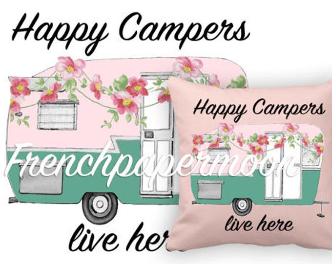 Vintage Camper, Happy Camper, Floral Camper, Digital Pillow Transfer Graphic, Iron on Fabric, Retro camper, RV