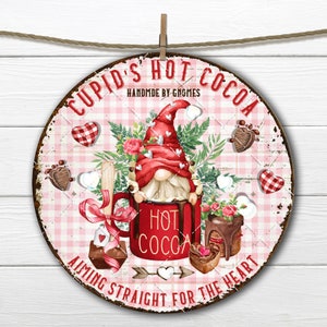 Valentine Hot Chocolate Gnome Mug  Circle Sublimation Door Hanger  DIY Sign Making Fabric Transfer Home Decor Wreath Accent PNG 8x8 inch PNG