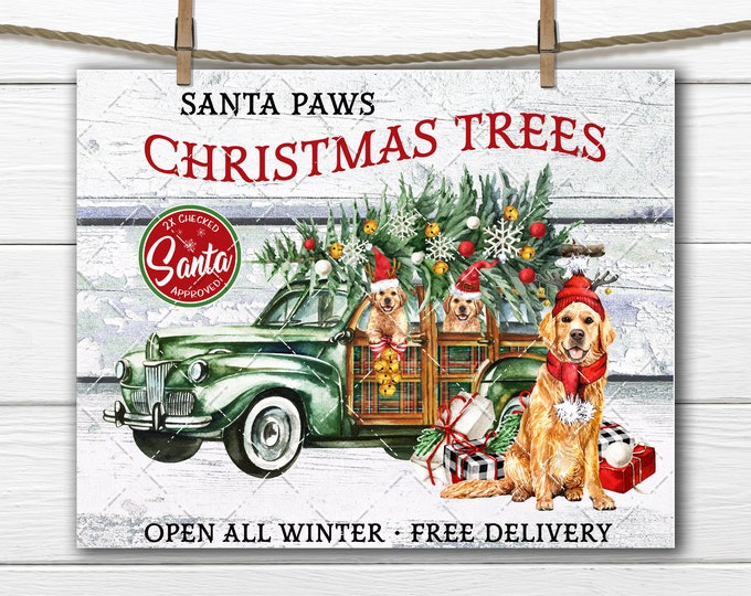 Golden Retriever Christmas, Retro Car, Woody Wagon, Santa Paws, Tree delivery, DIY Xmas Sign, Dog Lover, Fabric Transfer, Digital Print