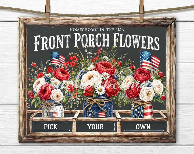 4th of July Mason Jar Flowers Chalkboard Sign, DIY Home Decor Digital
