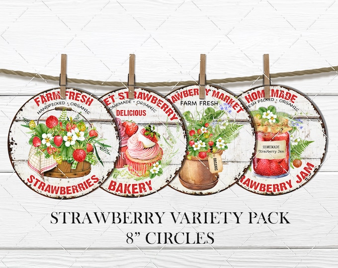 Strawberry Circles, Sublimation Round Door Hanger Design, PNG, 4 designs, Strawberry Market Jam Cupcakes, Wreath accent, Tiered tray decor