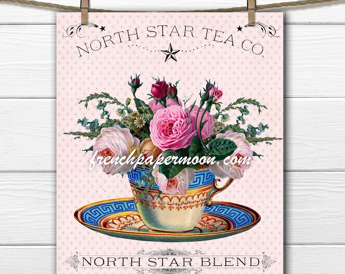 Vintage Shabby Tea Graphic, Teacup with Roses, Printable Teatime, Fabric Transfer, Kitchen Decor, Craft Supply