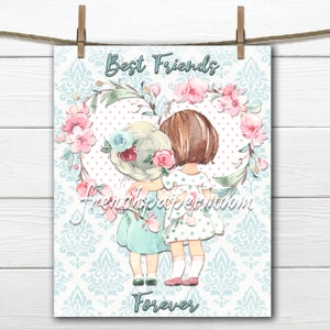 Beste Freunde, Mädchen, Blumenherz, Aquarell zum Ausdrucken, Kissen Bild, Digitaldruck, Mädchen Schlafzimmer, Pastell, Valentinstag, Muttertag