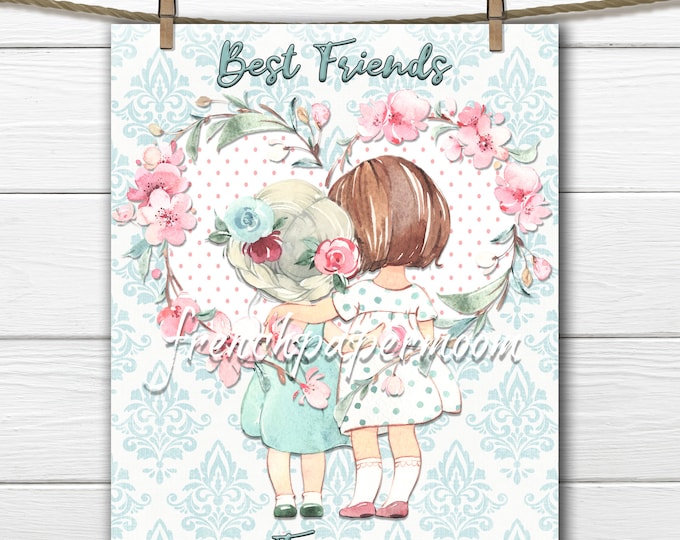Best Friends, Girls, Flower Heart, Watercolor Printable, Pillow Image, Digital Print, Girl Bedroom, Pastel, Valentine's Day, Mother's Day