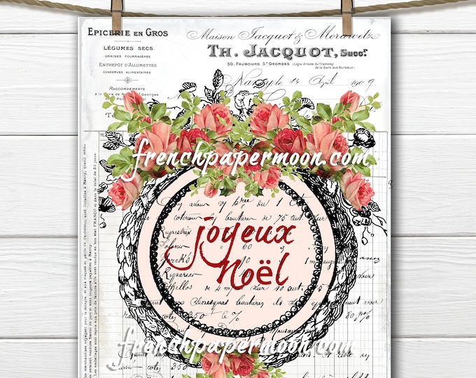 Shabby Digital French Rose Christmas Graphic, French decor, French Pillow Image, Fabric transfer, Printable Graphic , Xmas Crafts