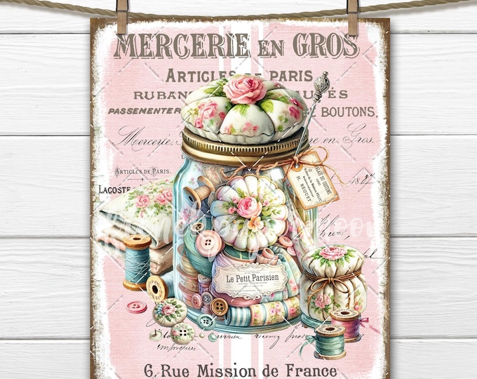 Shabby French Sewing Graphic, Mason Jar, French Pillow Image, Fabric transfer, Buttons, Digital Large Size PNG Wall Decor, French ephemera
