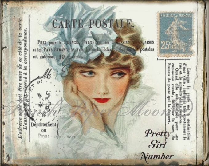 Vintage Lady, 1920s  French Postcard Markings,Digital Postcard, French Pillow Transfer Image, Graphic Transfer