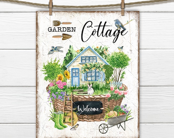 Garden Cottage DIY Sign, Summer House, Picket Fence, Summer Flowers, Tiered Tray Decor, Fabric Transfer, Garden Decor Print, Wreath Accent