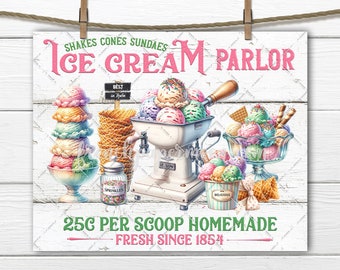 Old Fashioned Retro Ice Cream Parlor DIY Sign Sundae Pastel Sprinkles Cones Transfer Tiered Tray Decor Summertime Wreath Accent Digital PNG