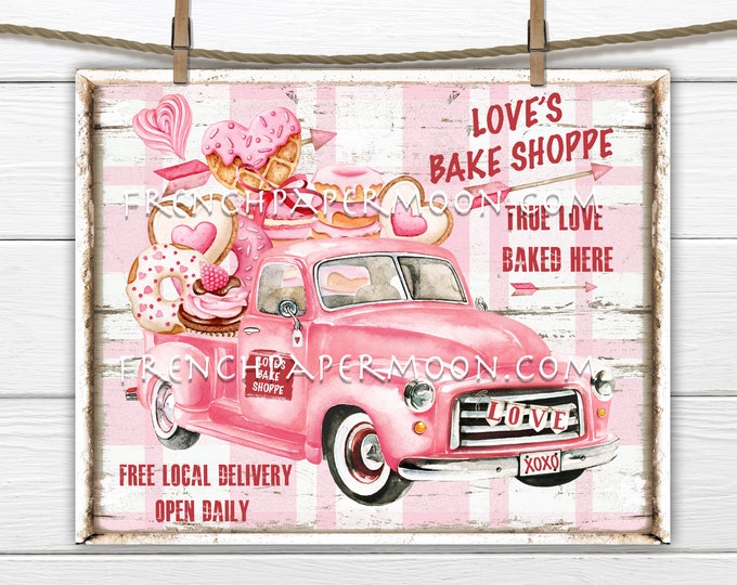 Pink Valentine Truck, Valentine Confectionary, DIY Valentine Sign Valentine Sweets, Retro Truck, Pillow Image, Wreath Decor, PNG, Wood