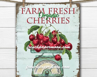 Farmhouse Cherry Digital, Vintage Cherries, Scale, Wood, Shabby Vintage Fruit, Kitchen Cherries, Fabric Transfer, Kitchen Decor Print