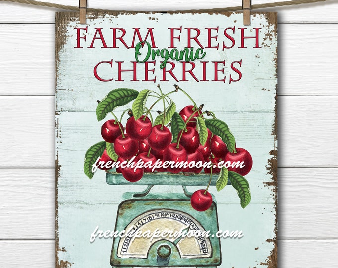 Farmhouse Cherry Digital, Vintage Cherries, Scale, Wood, Shabby Vintage Fruit, Kitchen Cherries, Fabric Transfer, Kitchen Decor Print