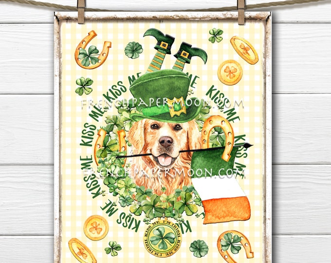 St. Patricks Day, DIY St. Patrick's Sign, Golden Retriever, Clover, Shamrock,  Pillow Image, Wall Decor, Farmhouse, Wood, PNG, Wreath Decor