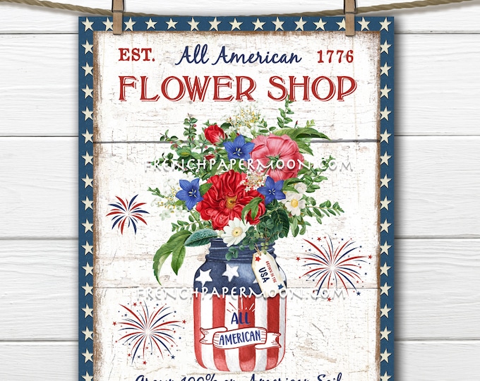 4th of July, Patriotic, Flowers, Fireworks, Patriotic DIY Sign, Farmhouse, Vintage Botanicals, Fabric Transfer, Home Decor, PNG, Wood