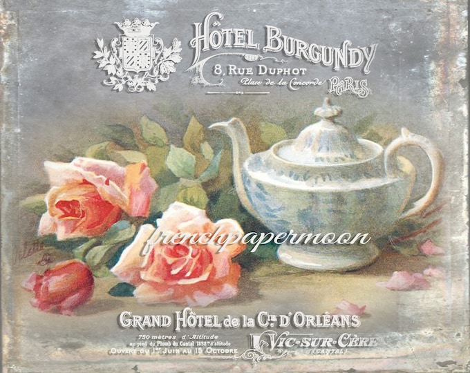 Shabby Digital French teatime, French Hotel, Teapot, Roses, French Pillow Image, Fabric Transfer, French Crafts