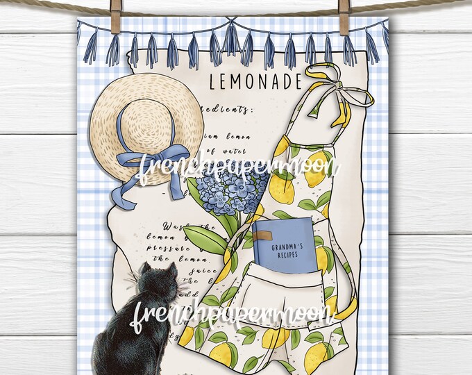 Lemonade Graphic, Grandmas Lemonade, Printable Lemons, Apron, Cat, Pillow Image, Iron on Fabric, Transfer Graphic