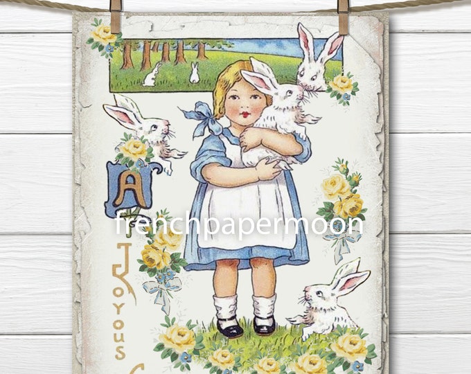 Adorable Easter Bunny Girl Printable, Digital Easter Graphic Transfer, Easter Craft Supply, Easter Decor, Easter Pillow Image