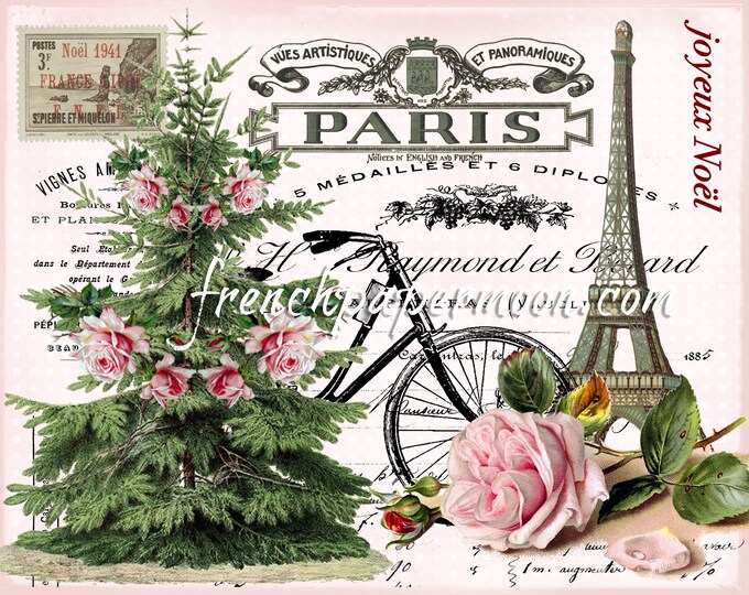 Shabby Paris Christmas Digital Graphic, Pink Christmas Digital, French Xmas, Noel, Printable Graphic Transfer Image 0104