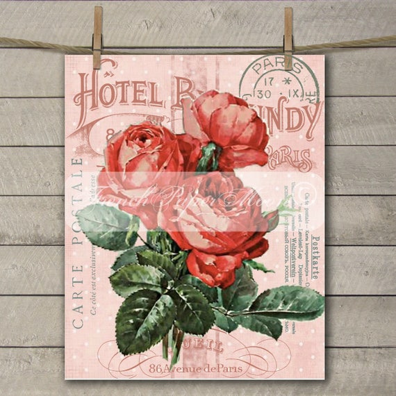 Vintage French Hotel Shabby Rose Printable, Victorian Rose Collage