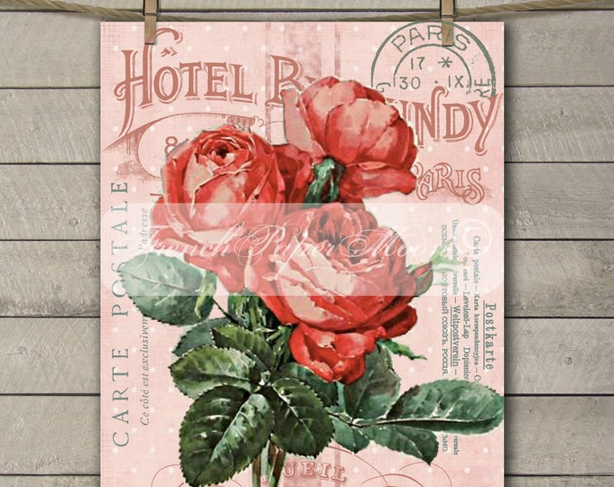 Vintage French Hotel Shabby Rose Printable, Victorian Rose Collage, French Graphics, Instant Download, transfer Graphic