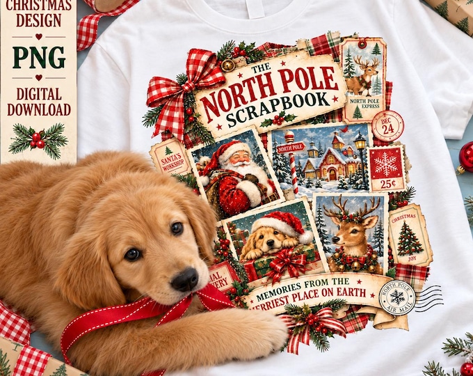 PNG, Vintage-style North Pole Scrapbook, Santa Reindeer Puppy Art, Festive T-Shirt Transfer, Canvas Tote Pillow Design, Digital