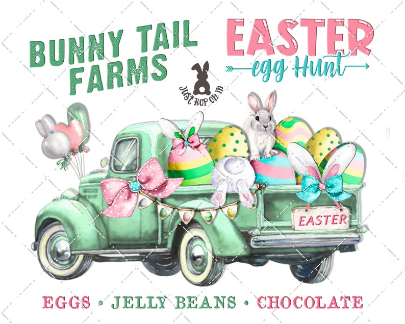 Easter Bunny Egg Hunt Spring Truck Bunny Tail DIY Sign Making Fabric Transfer Tiered Tray Home Decor Digital Print Party Decor Wreath Accent image 2